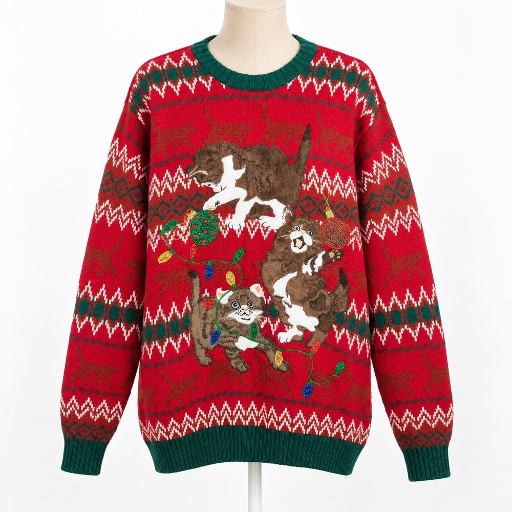 Vintage Y2K Ugly Christmas Kitten Sweater Size L Cat Lover Novelty Cottagecore